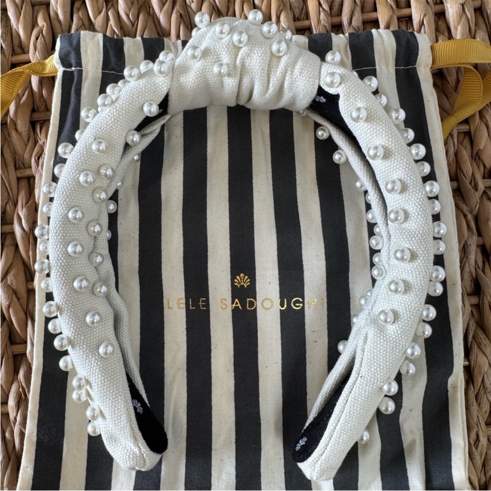 LELE SADOUGHI Pearl Embellished Knotted Headband in Ivory Woven Cotton NWOT
